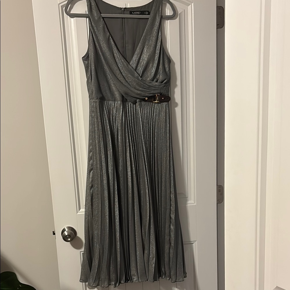 Lauren Ralph Lauren Silver Gray Pleated Tie Front Midi Dress